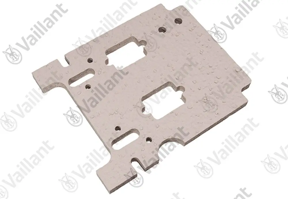 Vaillant Isolierplatte in rechteckiger Form mit Aussparungen und Löchern zur Befestigung, aus einem grauen, strukturierten Material.